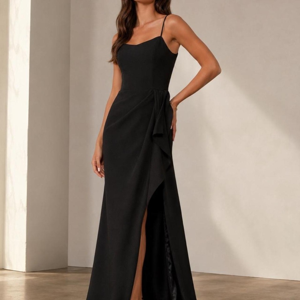 Black crepe maxi dress with ruffle detail